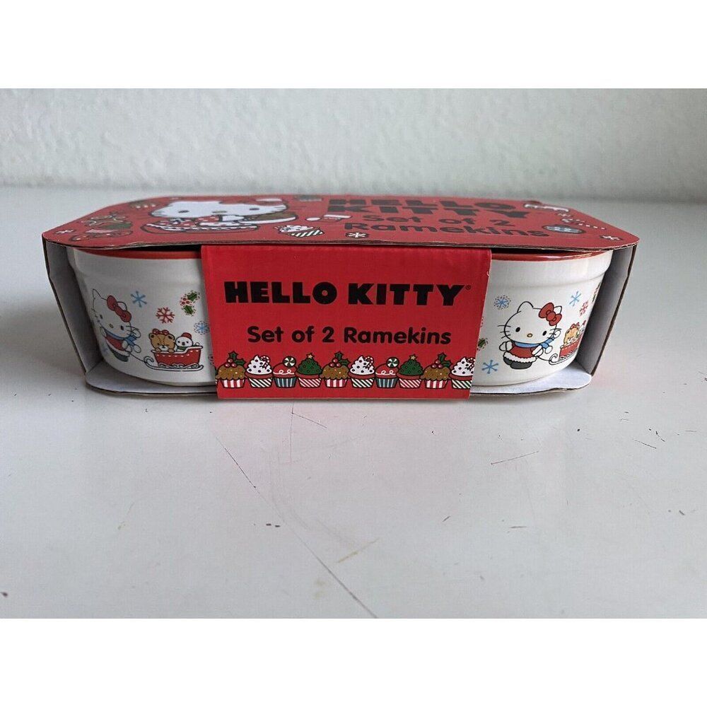 Set Of‎ 2 Hello Kitty Ceramic RAMEKINS Souffle Dish Sleigh Christmas Holiday NEW